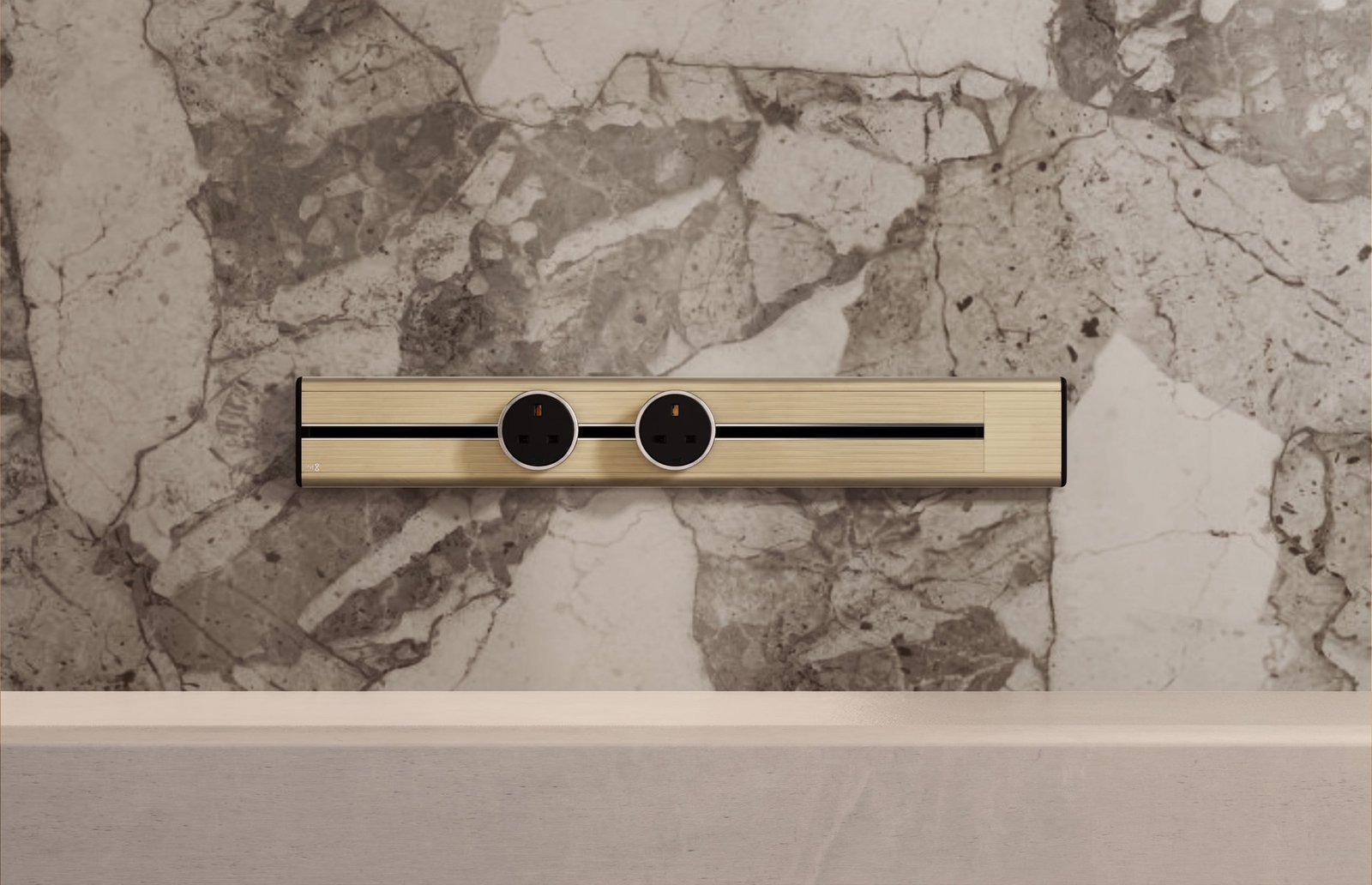 Premium Line8 Model SL electrical power track showcasing an elegant Champagne Gold finish. Mounted against a sophisticated, heavily veined natural marble wall, the high-end architectural fitting features a contrasting black center channel and includes two circular black power adaptors, positioned perfectly above a clean, minimalist countertop.