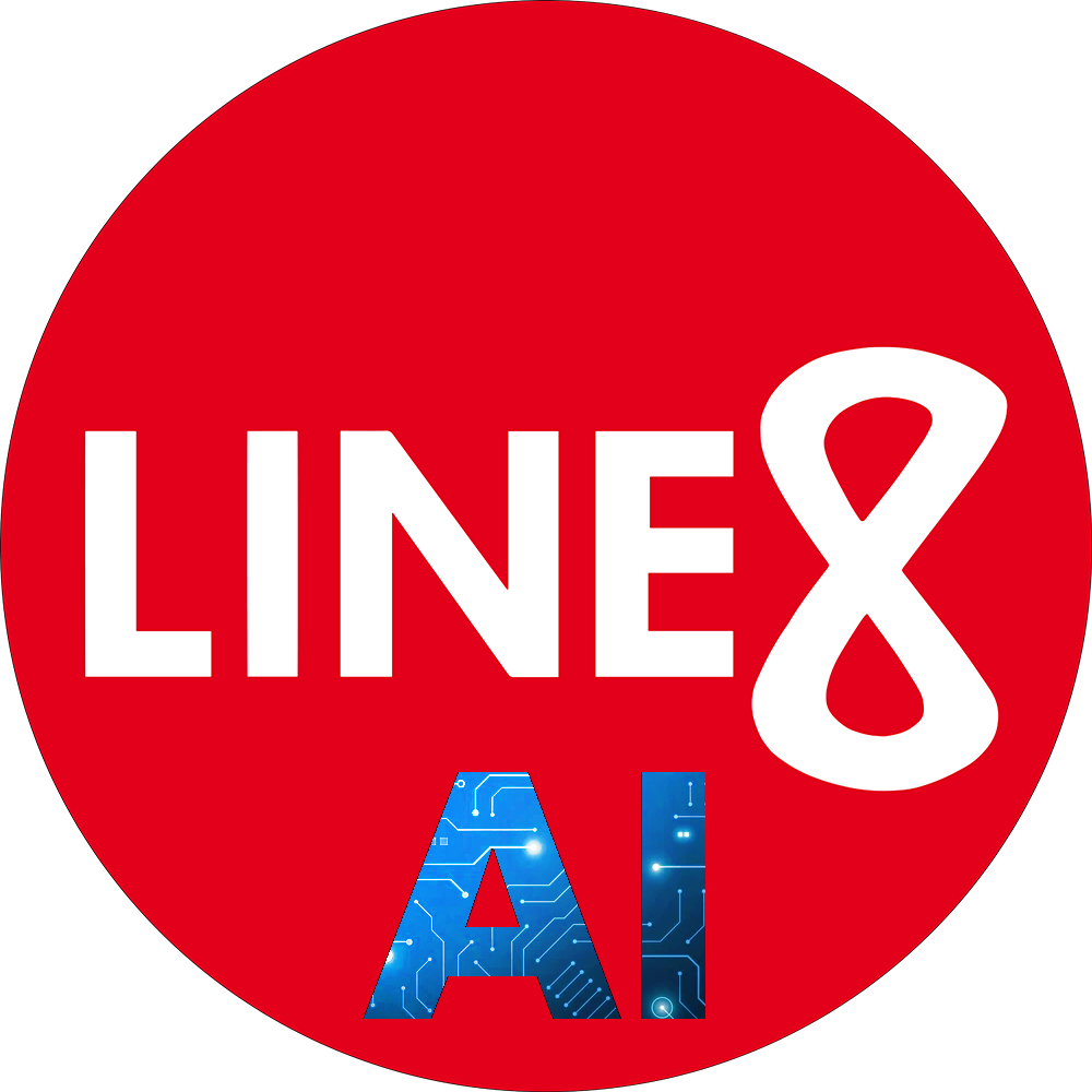 Red circular warning sign with the text 'LINE6 AI' in white letters, and the letter 'A' featuring a circuit board pattern.