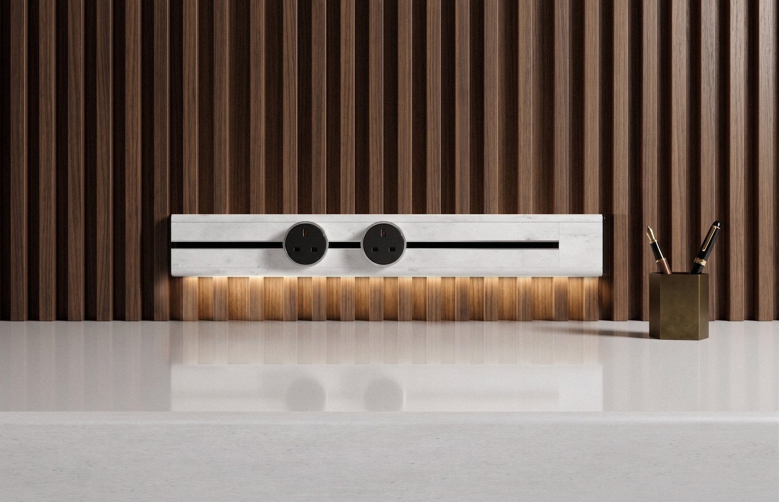 Premium Line8 Model SL-w electrical power track showcasing a luxurious Indian White Marble Finish and integrated ambient under-lighting. Mounted against a sophisticated dark wood slatted accent wall panel, the high-end architectural fitting includes two circular black power adaptors and illuminates a clean white counter surface.